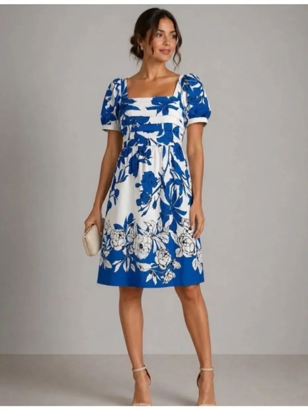 Adrianna Papell Floral Smocked Midi Dress Square Neckline Puff Sleeve NWT $159